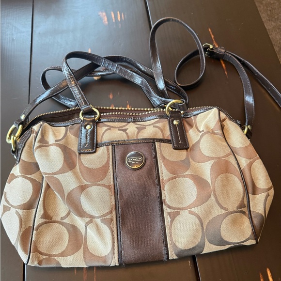 Coach Handbags - Coach Signature Stripe Brown Satchel